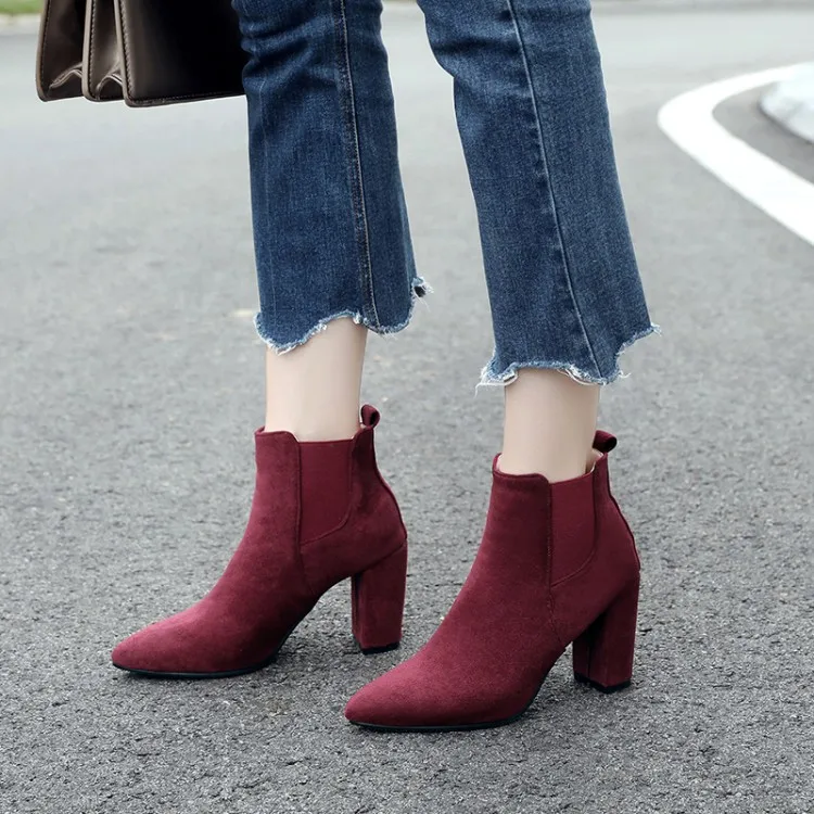 

Big Size 11 12 13 14 15 Ma'am Coarse heel Short boots Pure color Pointed boot barrel Suede high-heeled boots