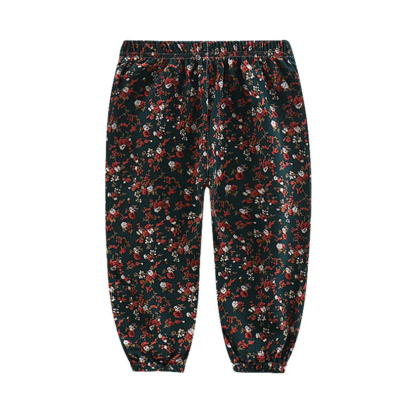 Штаны для маленьких девочек домашние брюки с защитой от комаров летние хлопковые льняные пижамные штаны ярких цветов, cвободные с цветочным принтом Одежда для новорожденных - Цвет: blak print