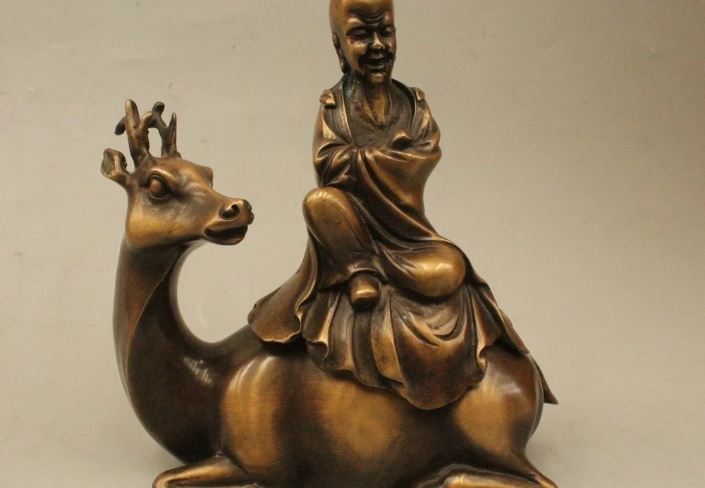 

8" Chinese Fengshui Bronze Arhat Buddha Ride Deer Statue Incense Burner Censer