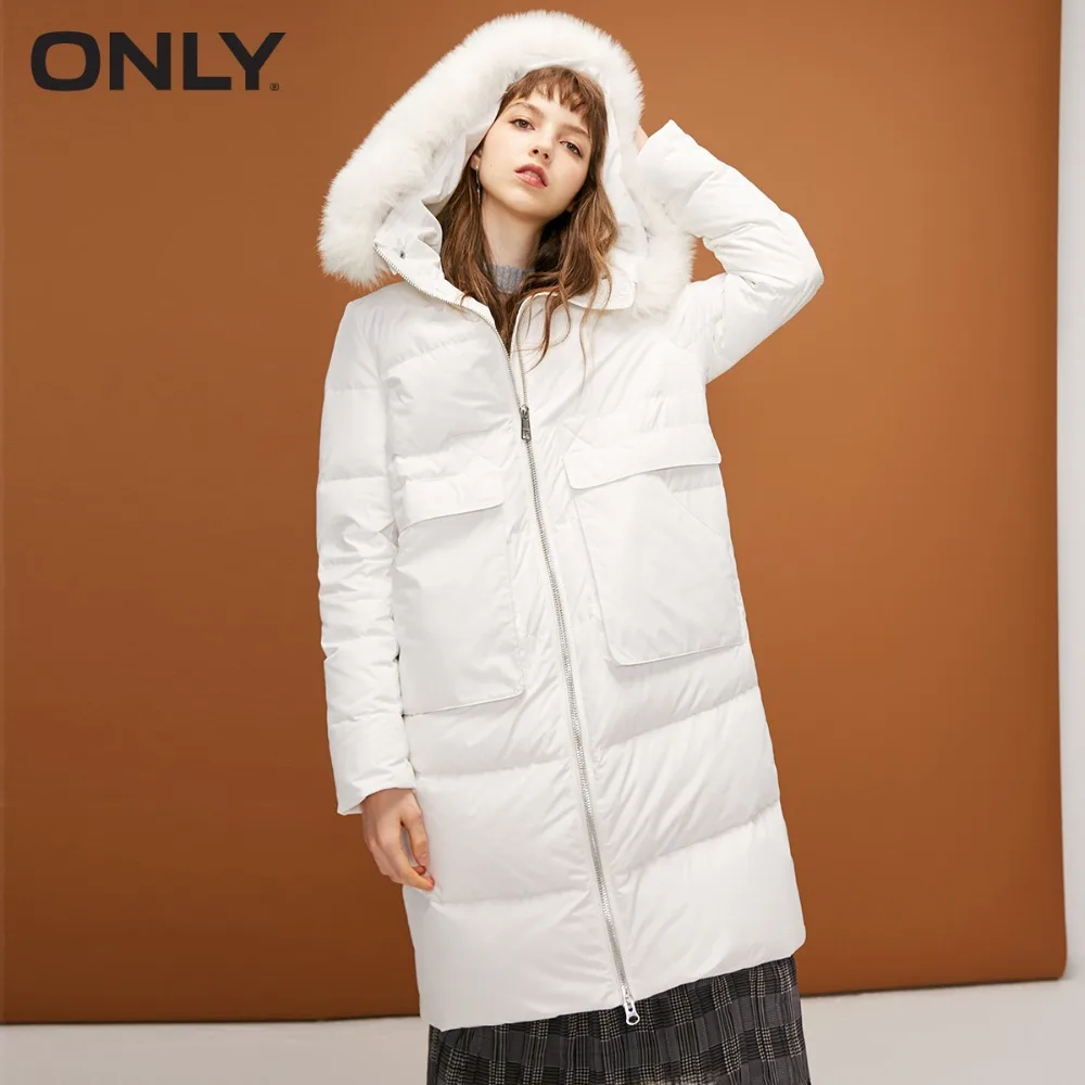 

ONLY womens' winter new fox fur collar hooded long down jacket Waist drawstring Double start zipper|118312521