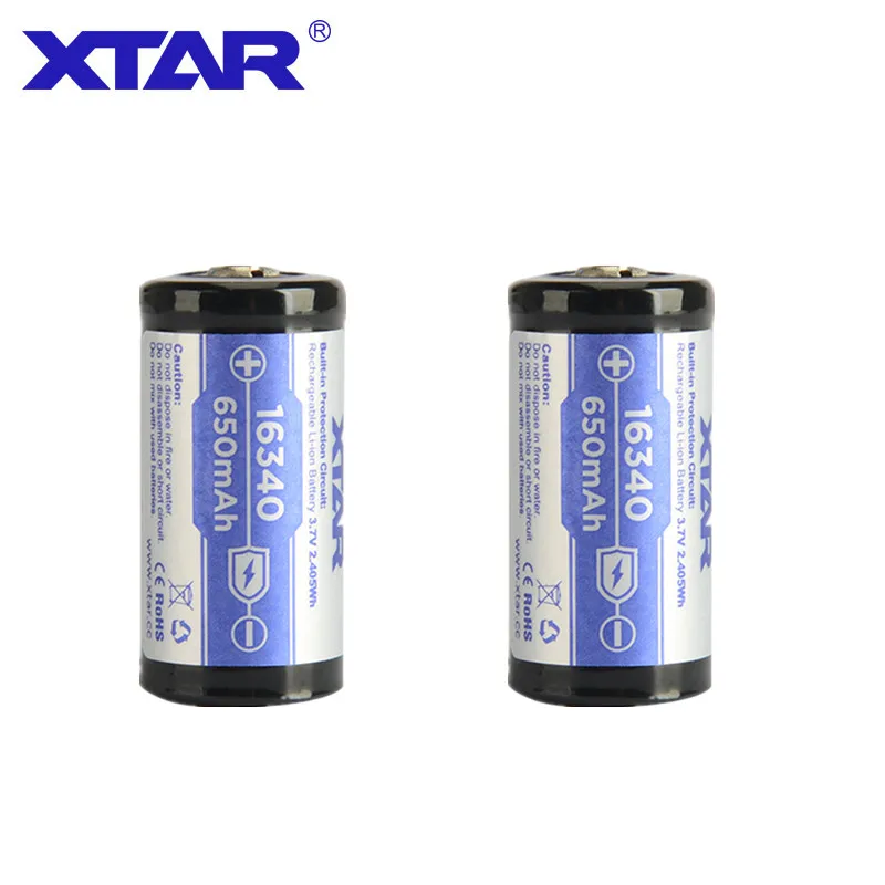 

2 Pcs Xtar Rechargeable 16340 650mAh 3.7V protected battery designed for flashlights portable power supplies etc