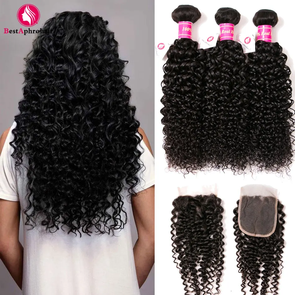 Aphro Kinky Curly Human Hair Bundles With Closure Non Remy Extension Brazilian Hair Weave Bundles With Lace Closure Free Part