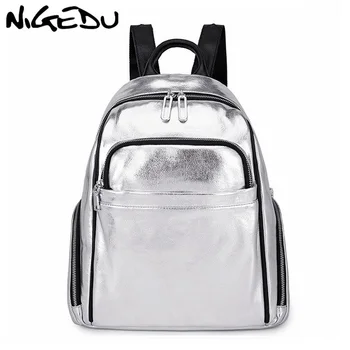 

NIGEDU Women backpacks genuine leather laptop bag Luxury design Silver ladies backpack bags travel Rucksack Mochila bagpack big