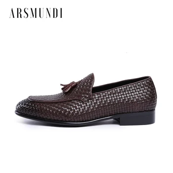 

Men Genuine Leather Dress Shoes Knitted Cowhide Leather Lace-up Pig Inner Square Toe Wedding Business Shoes 2019 New