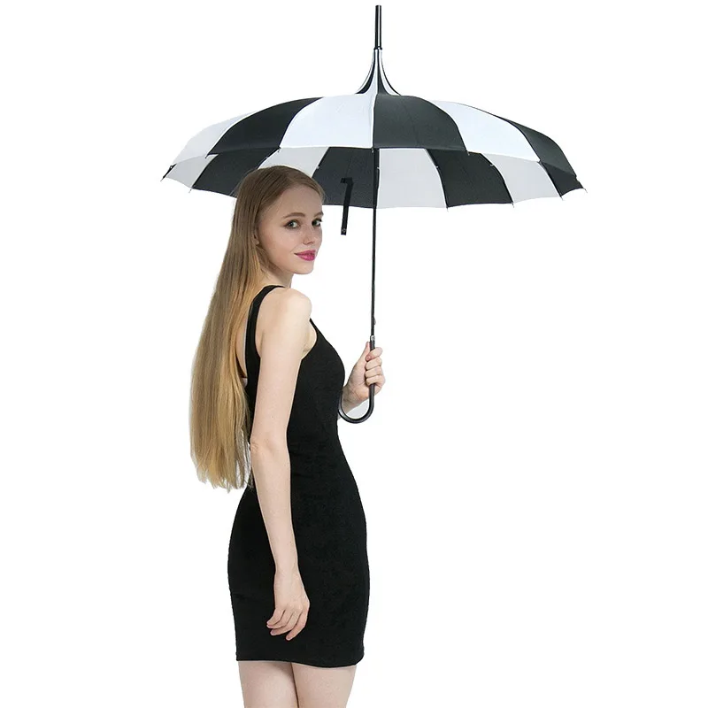 16K Strong Windproof Tower Pagoda Rain Umbrella Long Handle
