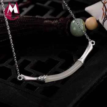 

2019 Mosaic natural stone Jade Bamboo Scrub Necklace Pendant 100% 925 Sterling Silver Women long chain Neckalce Jewelry R04
