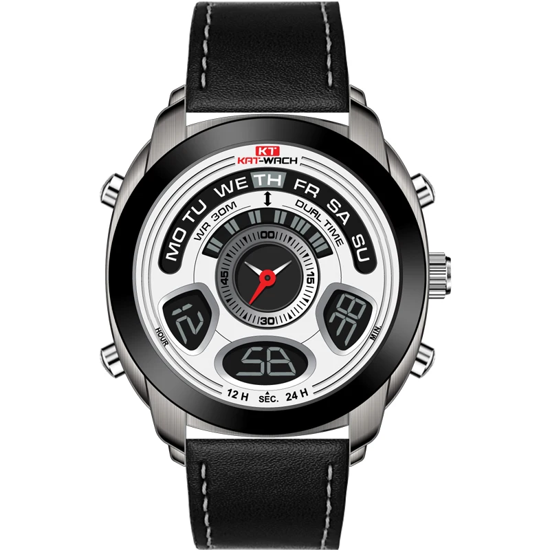 

KAT-WACH Luxury Watch Men Digital Watch Quartz Watch Dual Time Leather Strap Trendy Newest Design Watches Sport Clock Relogio