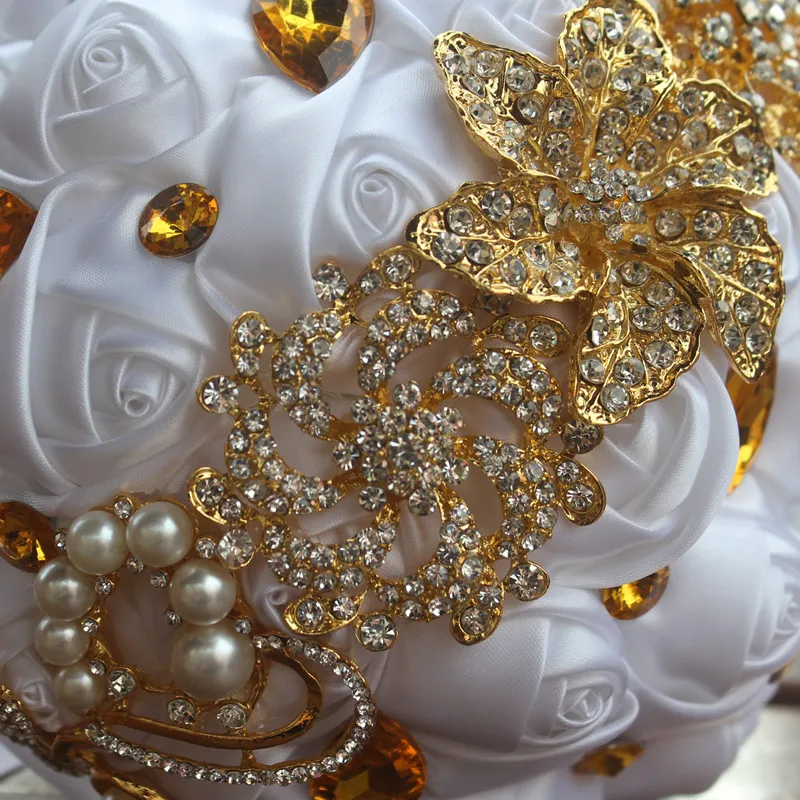 Золотая брошь букеты белые розы искусственные цветы букет невесты Золотая лента свадебные букеты Прямая поставка W227-1