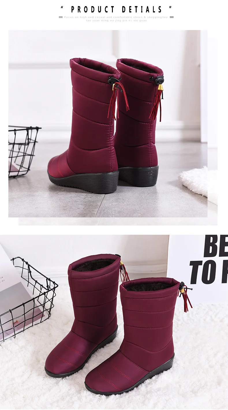 Wedges Down Boots Women Waterproof Winter Shoes Casual Platform Mid-Calf Warm Snow Boots Slip On Tassel Female Shoes Botas XZ70