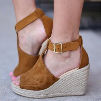 

JINTOHO Fashion Women Flock Wedges High Ankle Outdoor Sandals Peep Toe Casual Shoes Suede high wedge with fish mouth sandals