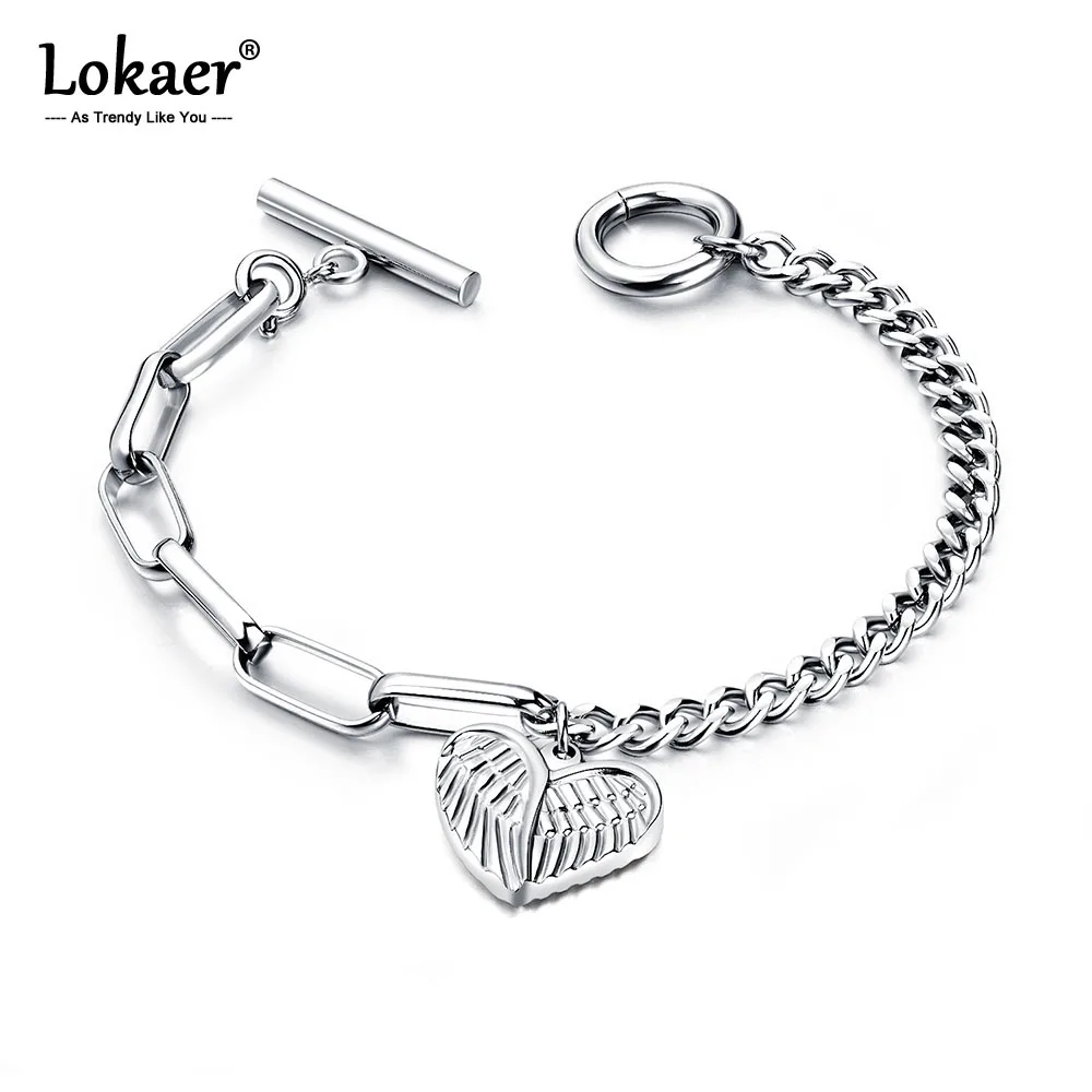 

Lokaer Fashion Beautiful Cute Love Angel Wings Bracelets Stainless Steel Heart Charm Rose Gold Color Bracelet Jewelry OGS987