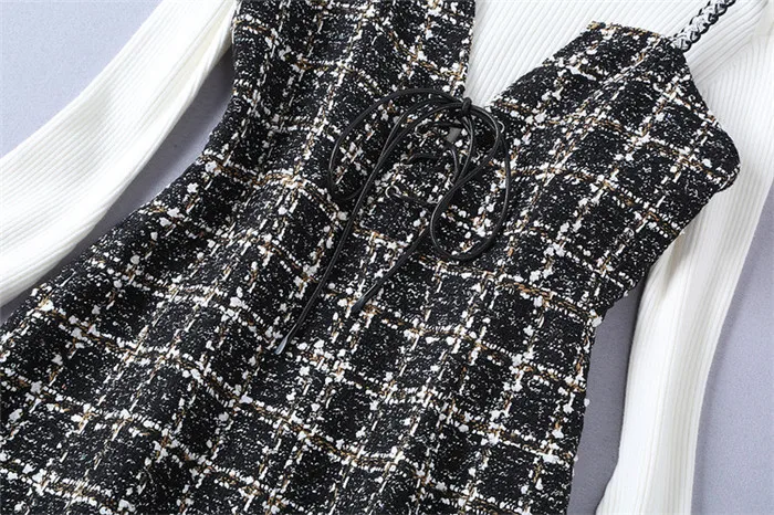 Высокое качество 2019 твидовое клетчатое облегающее платье с определенной талией на бретельках и белые вязаные блузки комплект из двух