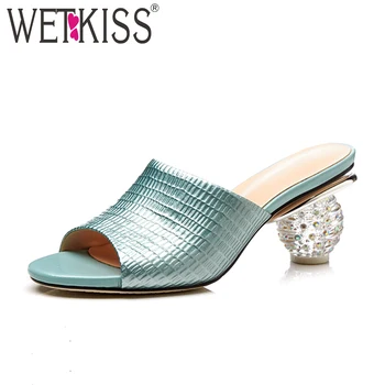 

WETKISS 2018 New Summer Peep Toe Women Slippers Genuine Leather Slides Ladies Mules Strange Crystal High Heel Wedding Red Shoes
