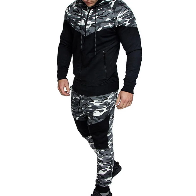 Puimentiua Men Camouflage Print Set Jacket+Pants Male 2Pc Casual Tracksuit Sportwear Hoodies Sweatshirt&Pant Suit Plus Size 3xl