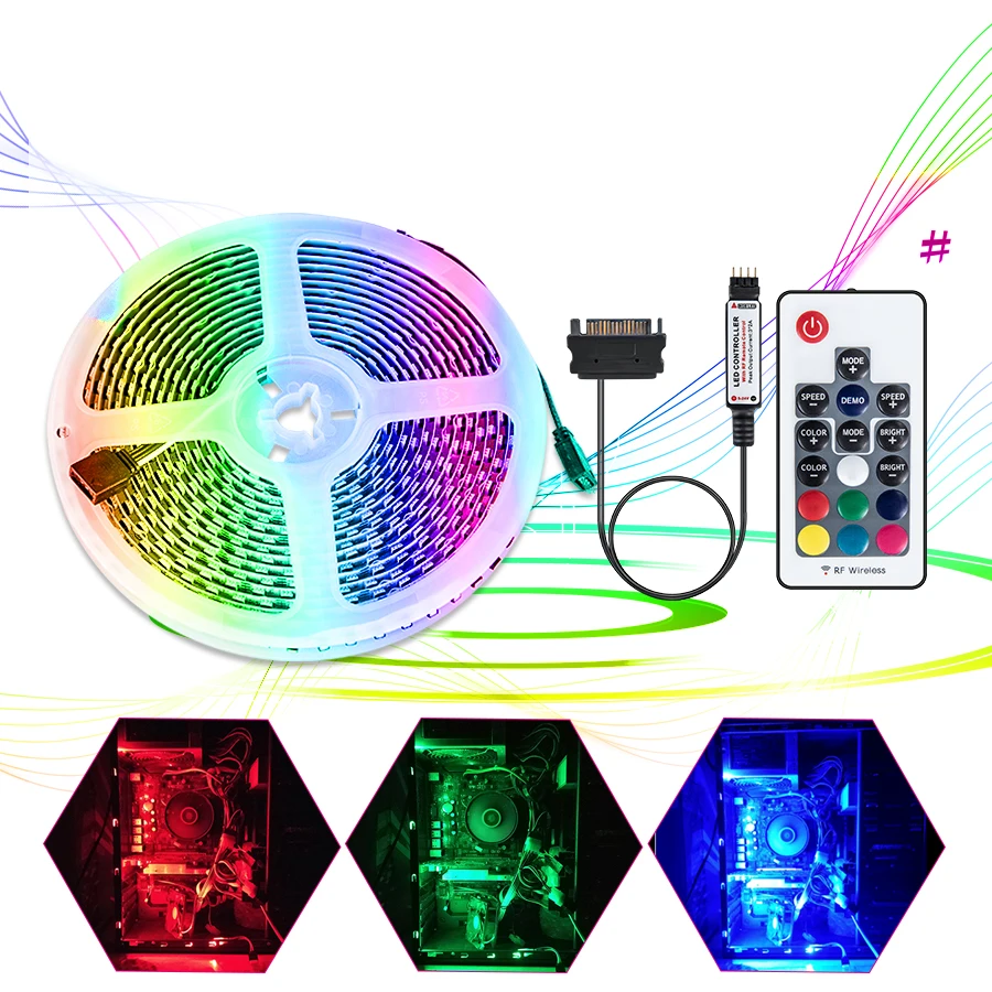 

Foxanon SATA RGB LED Strip Light 1m 2m 3m 4m 5m DC 12V 3535 RGB LED Strip Tape Sata Power Supply Interface for PC Computer Case