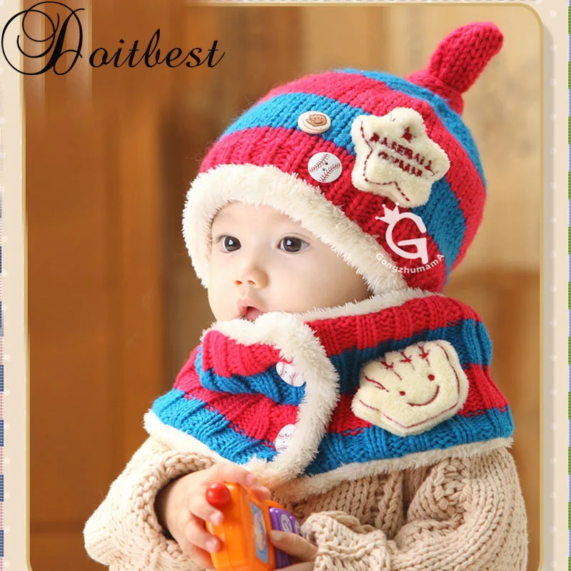 

Doitbest 1 to 4 years old Korea Striped five-pointed star kids boys Knitted fur hats winter solid 2 pcs baby girl scarf hat set
