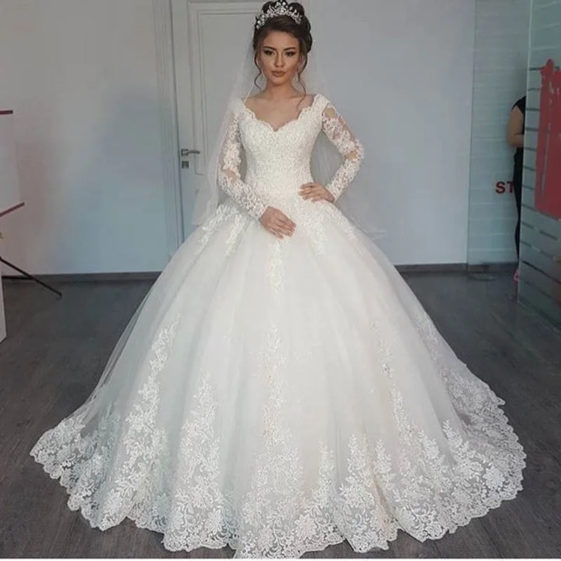 Long Sleeve V Neck font b Wedding b font Dress Ball font b Gowns b font