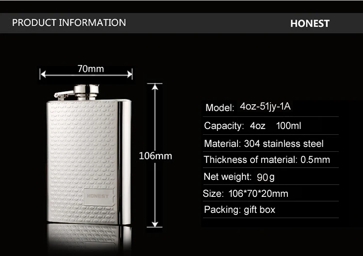 Портативная фляжка из нержавеющей стали 304, 4 унции, мини металлический горшок для виски 100 мл, контейнер для алкоголя, карманная фляга для виски