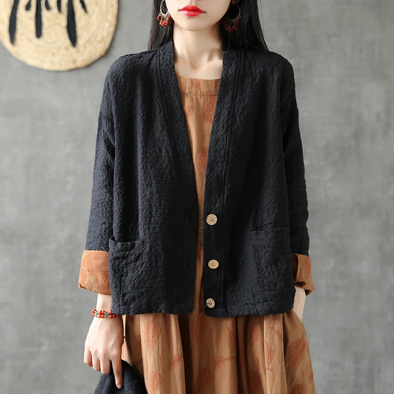 

Women Jackets elegant Spring Autumn Thin long Sleeve Vintage Cotton and Linen Coat Ladies Jacket Gothic