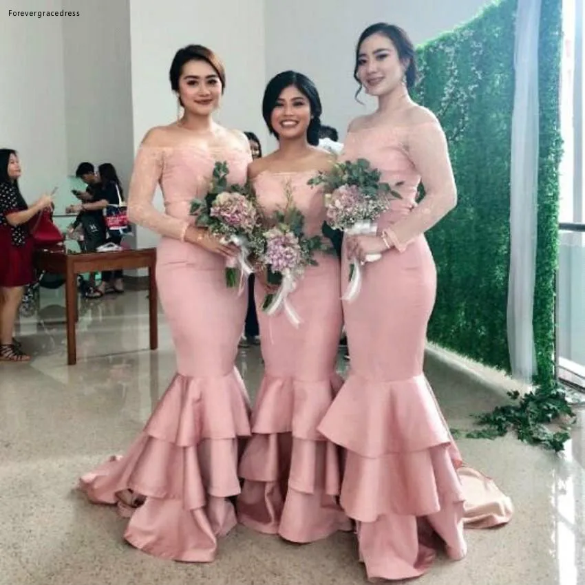 Pink Layer Ruffles Bridesmaids Dresses For Western Weddings Mermaid Vintage Off Shoulders Sheer Appliques Long Maid of Honor Gowns BA9922  116