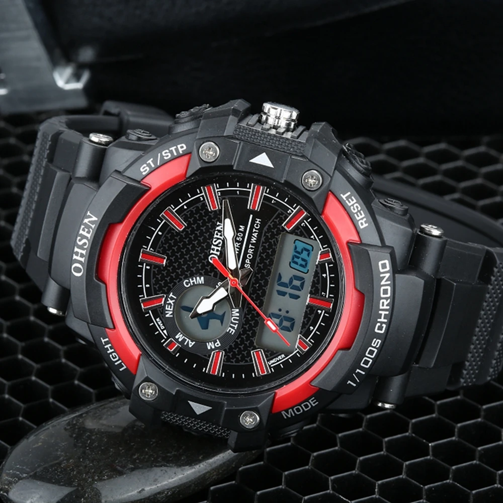 Ohsen цифровой бренд lcd мужские модные наручные часы для мальчиков резиновый ремешок 50 м водонепроницаемые красные спортивные армейские часы будильник ручные часы