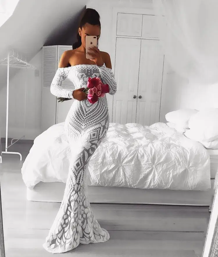 

Top Quality Black White Long Sleeve Off The Shoulder Trumpet Dress Cocktail Party Bodycon Dress