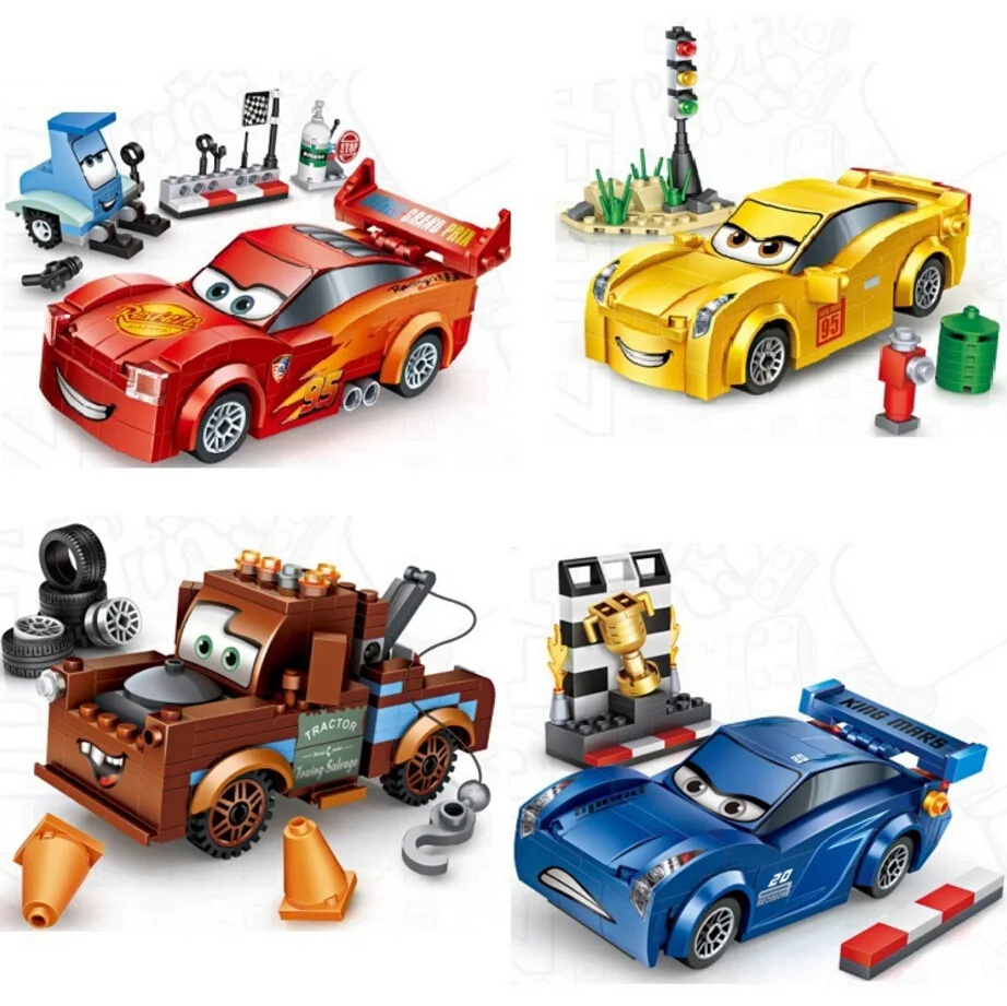 

Hot cartoon movie sports car story mini block racing mcqueens jackson Ramirez trailer truck bricks toys for children gifts