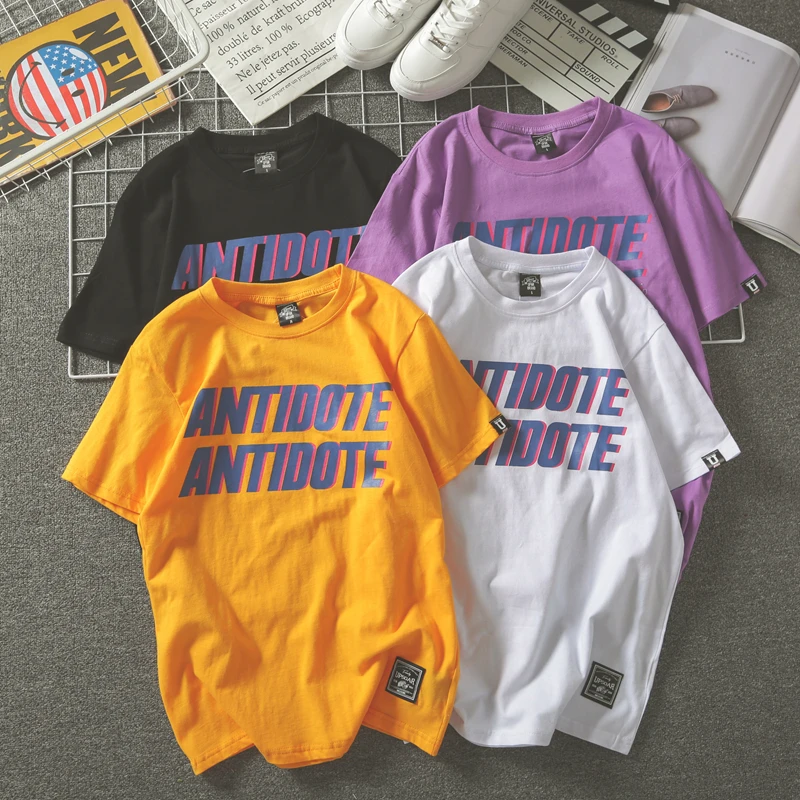 

Summer new European and American street wind BF simple letter printing color couple round neck half sleeve T-shirt