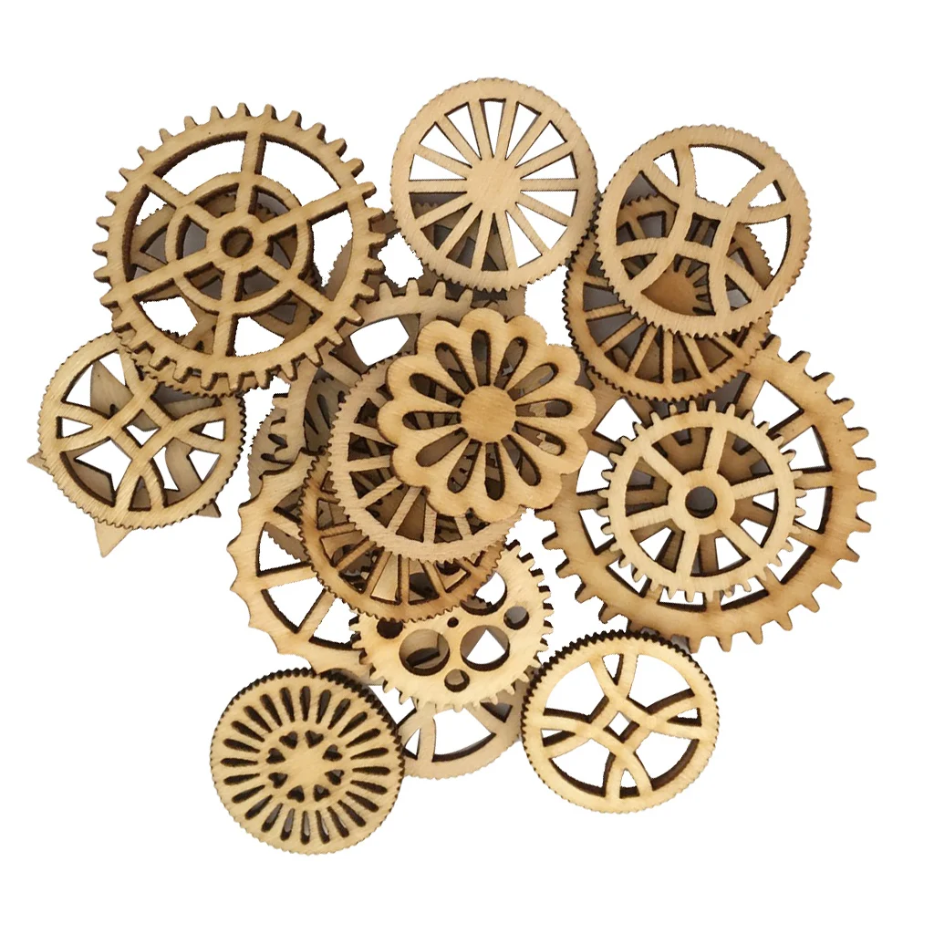 50pcs Unfinished Wood Hollow Gear Tags Cutout Wooden Pieces Embellishments
