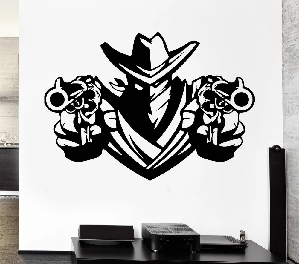 Removable Wall Decal Cowboy Bandit Revolver Pistols Weapons Shawl Vinyl Decal Home Decor Art Vinyl Wall Mural Paper