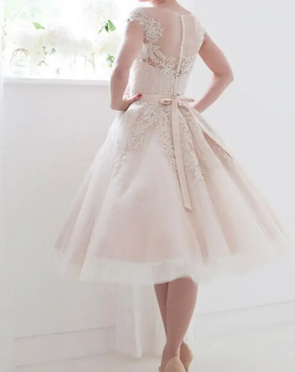 Vintage 1950's Style Cap Sleeves Tea Length Saudi Short Wedding Dress Champagne Lace See-through Back Bride Gowns (6)