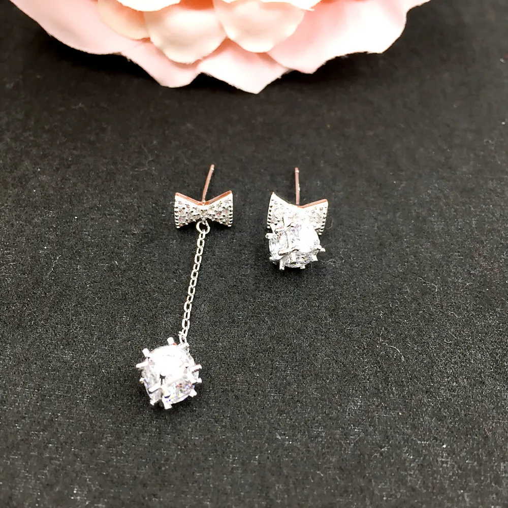

925 Sterling Silver Jewelry Bowknot Zircon Earrings for Women Girl Fashion Asymmetric Drop Earrings Brincos Wedding