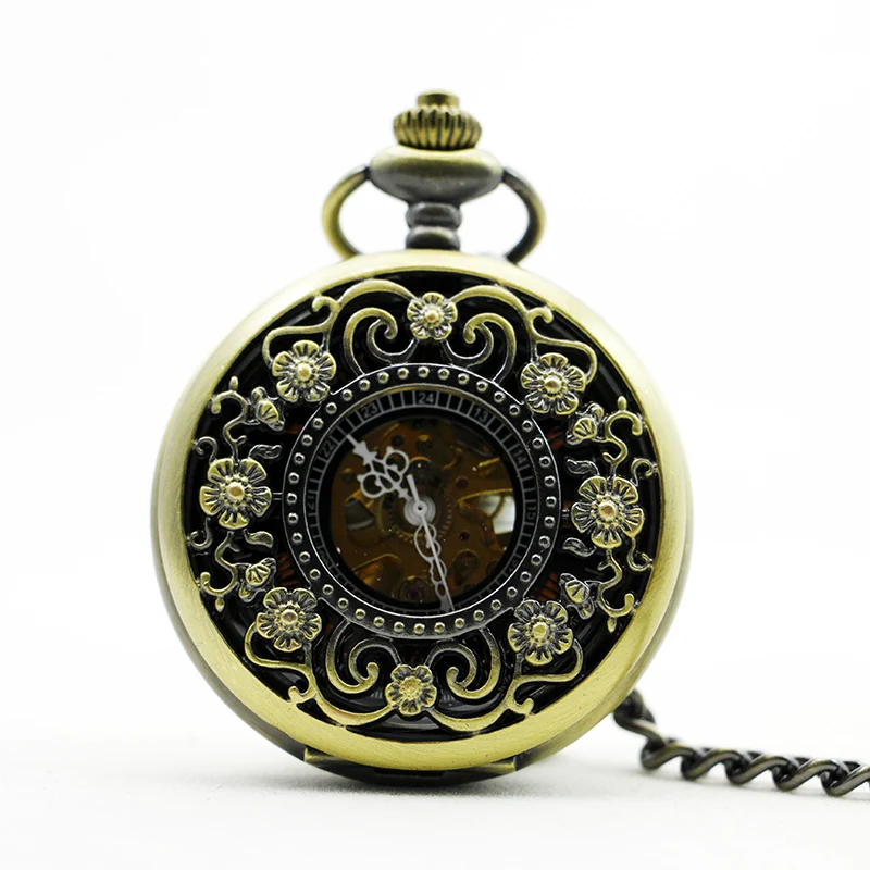 

Luxury Flower Hollow Case Design Golden Roman Number Skeleton Dial Hand-Wind Mechanical Pocket Watch