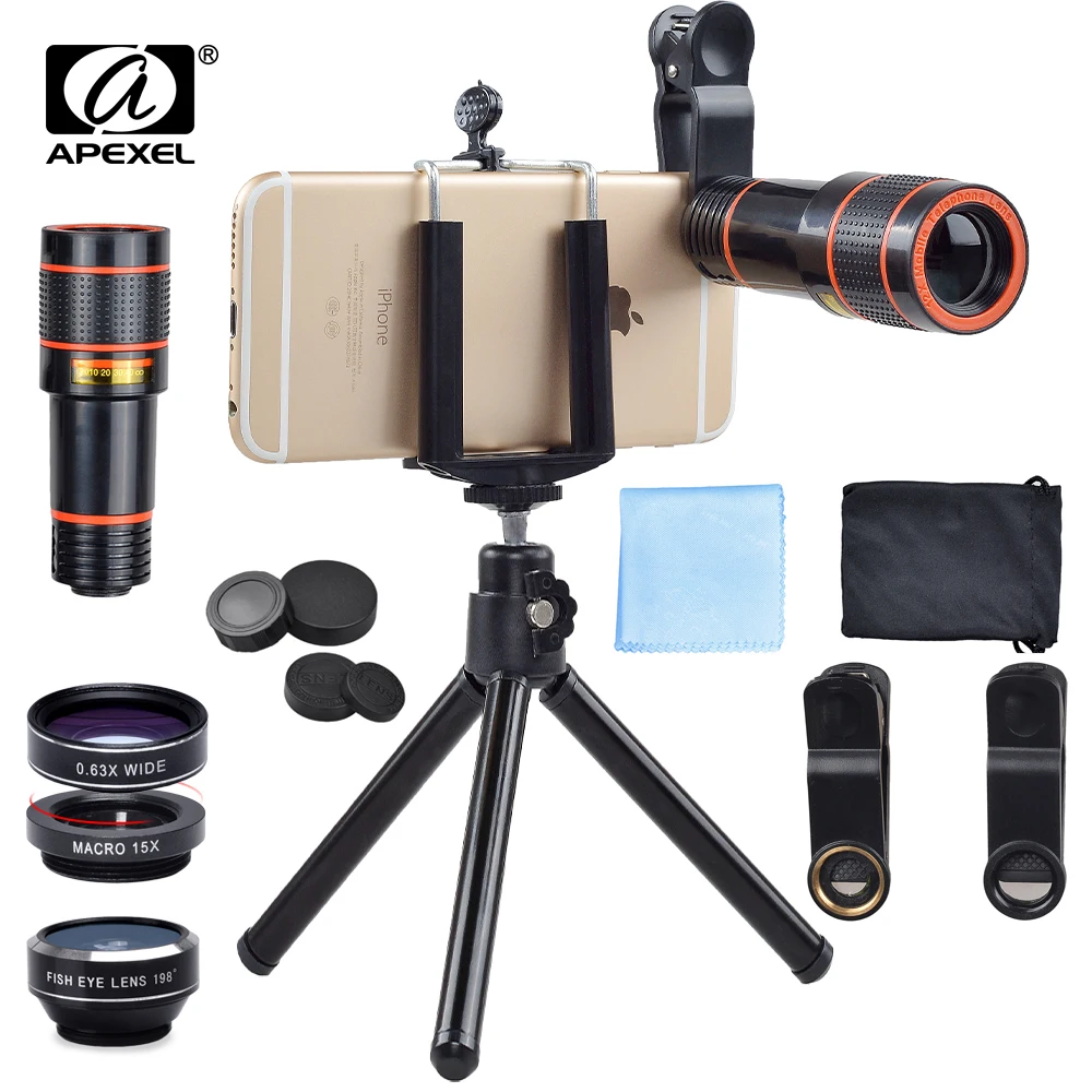 

Apexel 12X Zoom Telephoto Telescope With 3 in 1 Lens Tripod Fisheye Wide Angle Macro Phone Lens For iPhone Sumsung xiaomi Redmi