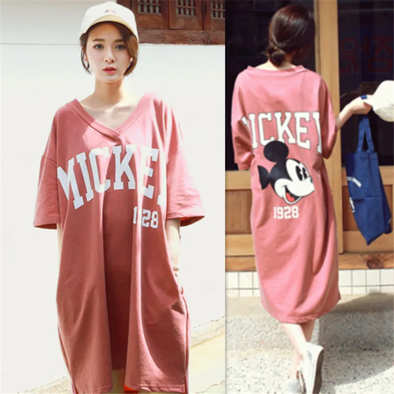 

Summer Long Dresses for Women Pregnancy Loose Large Sizes Motherly Dresses V-neck Short Sleeved Pregnant Things Mickey T-shirts