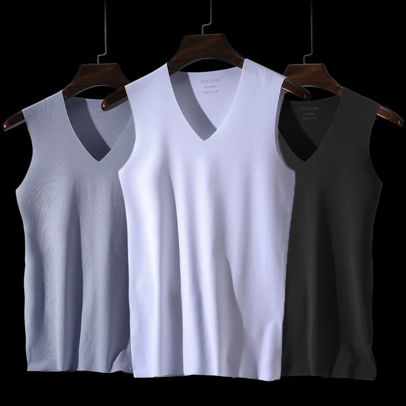 

1PC Simple Summer Sport Ice Silk Seamless Vest Sweatshirt Men Quick Drying Tops Breathable Sleeveless V-Neck Bottoming Shirt T83