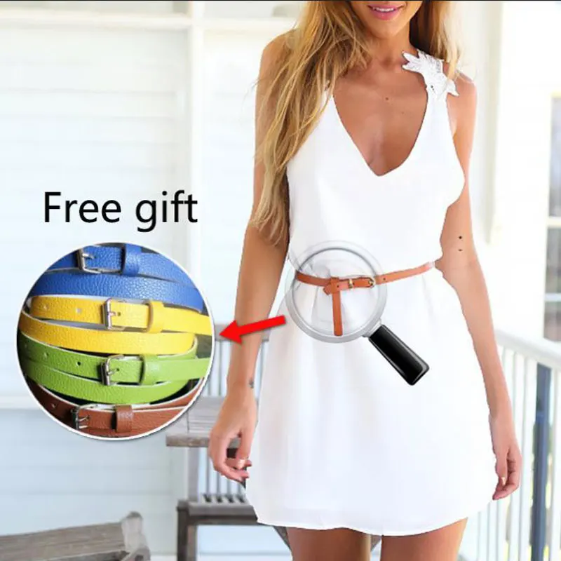 

Sexy Summer Beach Dress White Deep V-Neck Loose Swimsuit Women's Dew-back Lace Sling Dress Gift Girls'Fine Leather Belt