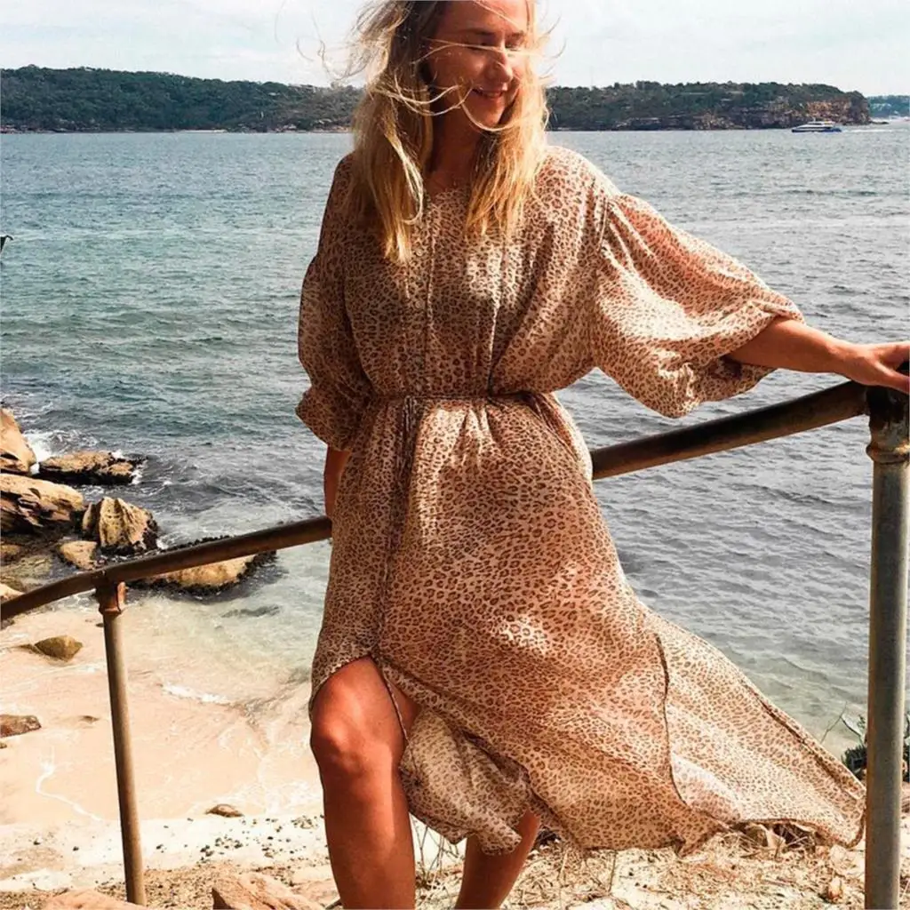 

Frankie Leopard Shirt Dress Women Summer Clothing 2019 Long Sleeve V neck Sexy Dresses Vintage Beach Boho Printed Midi Dress