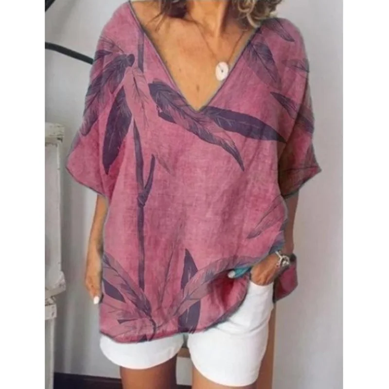 

2019 Plus Size Loose Leaf Print women T shirts Deep V-Neck Half Sleeve Summer tops