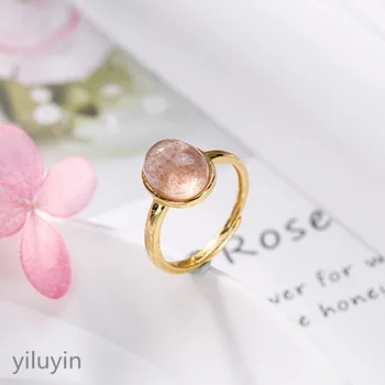 

KJJEAXCMY boutique jewelry S925 Sterling Silver Gold Plated inlaid natural strawberry crystal powder lady crystal silver ring fi