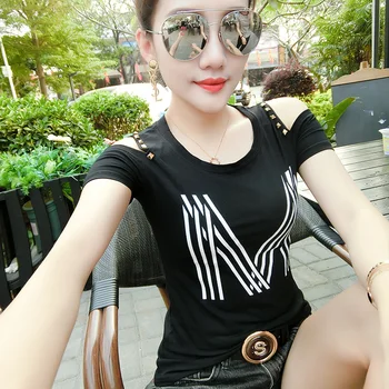 

Gkfnmt Off Shoulder Women Tshirt Korean 2019 Summer Short Sleeve Rivet White T-Shirt Womens Tops Plus Size Tees Girl Clothes