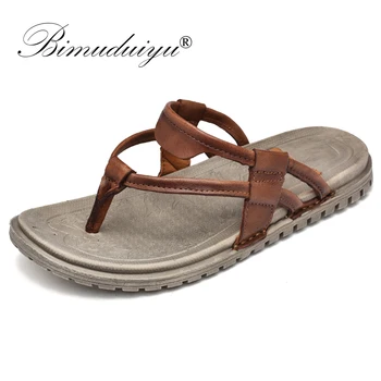 

BIMUDUIYU New Arrival Summer Breathable Men Flip Flops Genuine Leather Slippers For Man Non-slide Handmade Massage Men Footwear