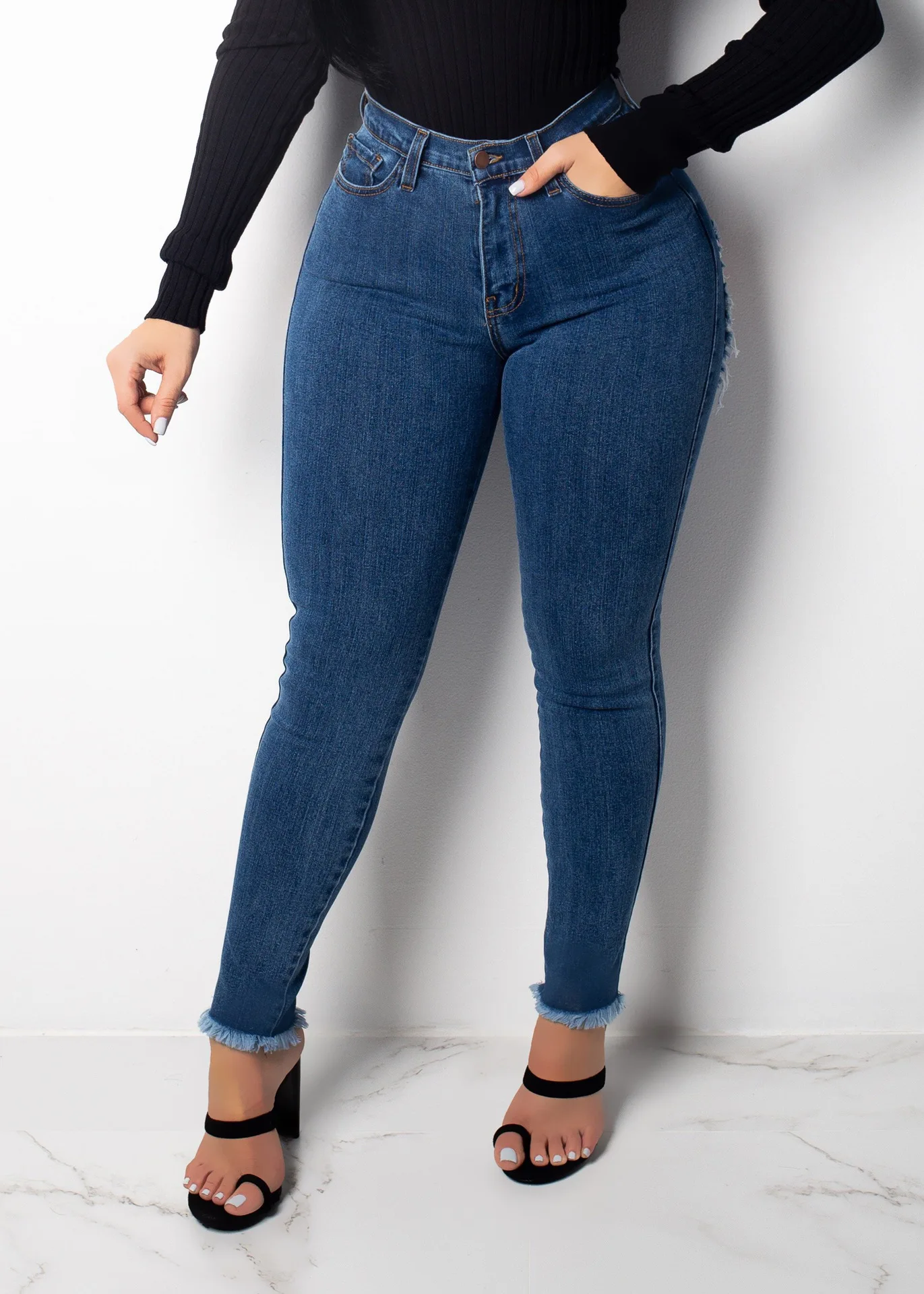 Офисные женские модные женские джинсы деним с твердым отверстием, обтягивающие, высокая талия, сексуальные брюки карандаш, брюки