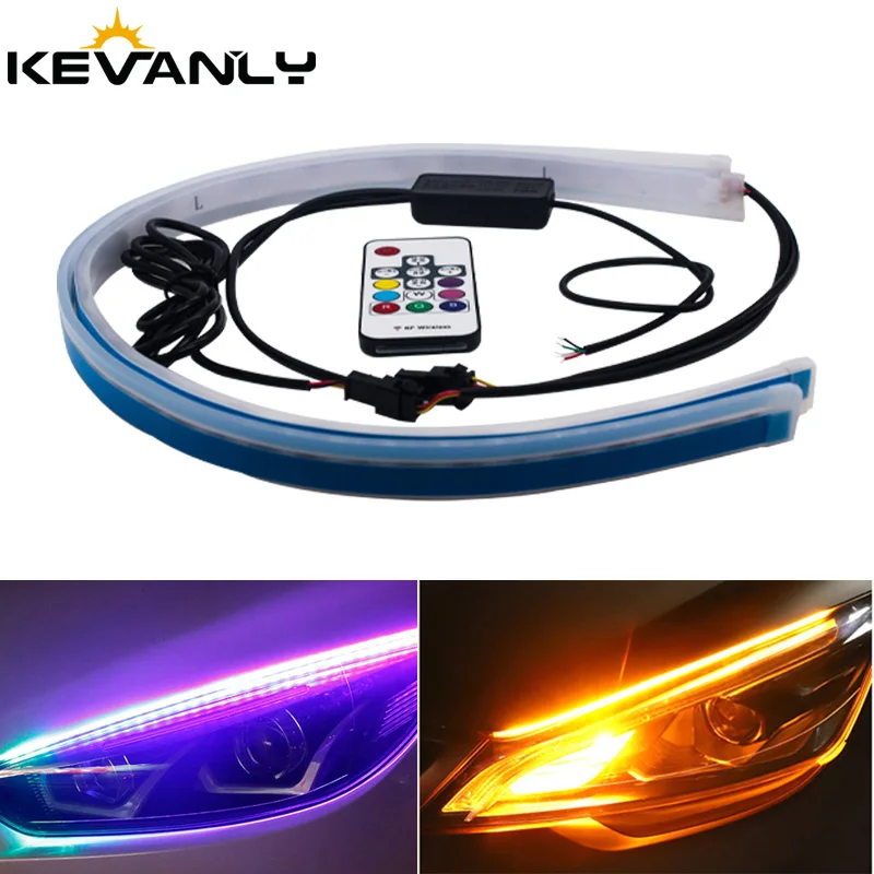

2pcs RGB Flowing Flexible LED DRL Sequential Turn Signal Light Waterproo Headlight Strip Daytime Running Lights Remote Control