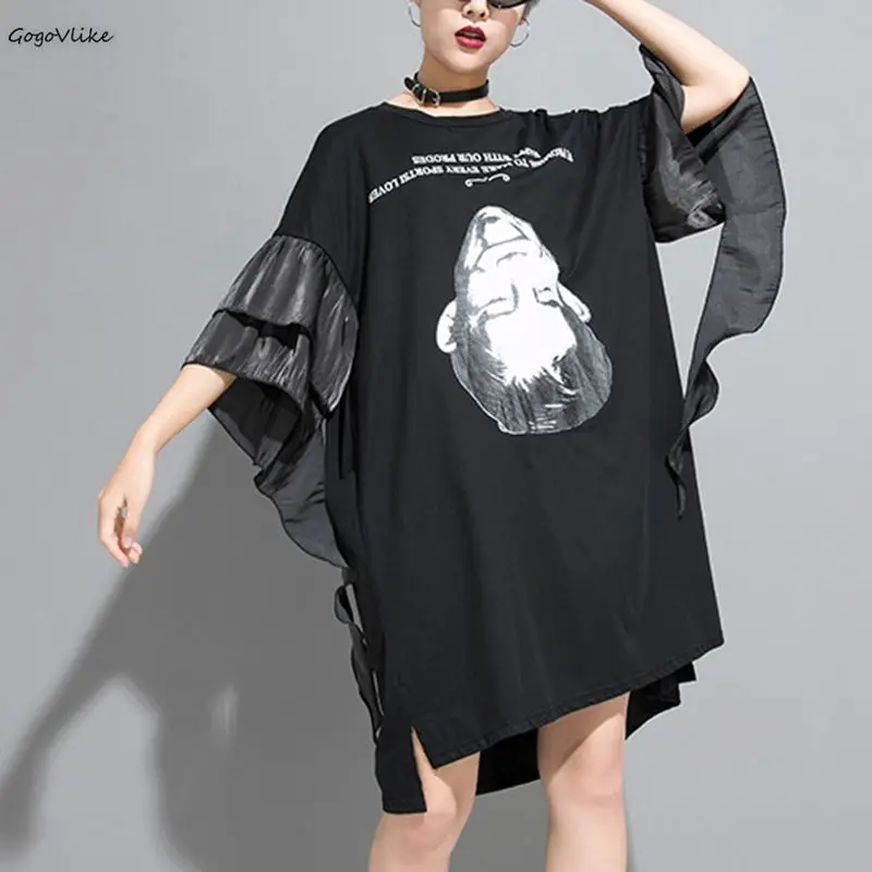 

2019 New Character Print Dress Women Dresses Korean Patchwork Summer Dress Ruffle Sleeve Summer Shirt Dresses SA068S50