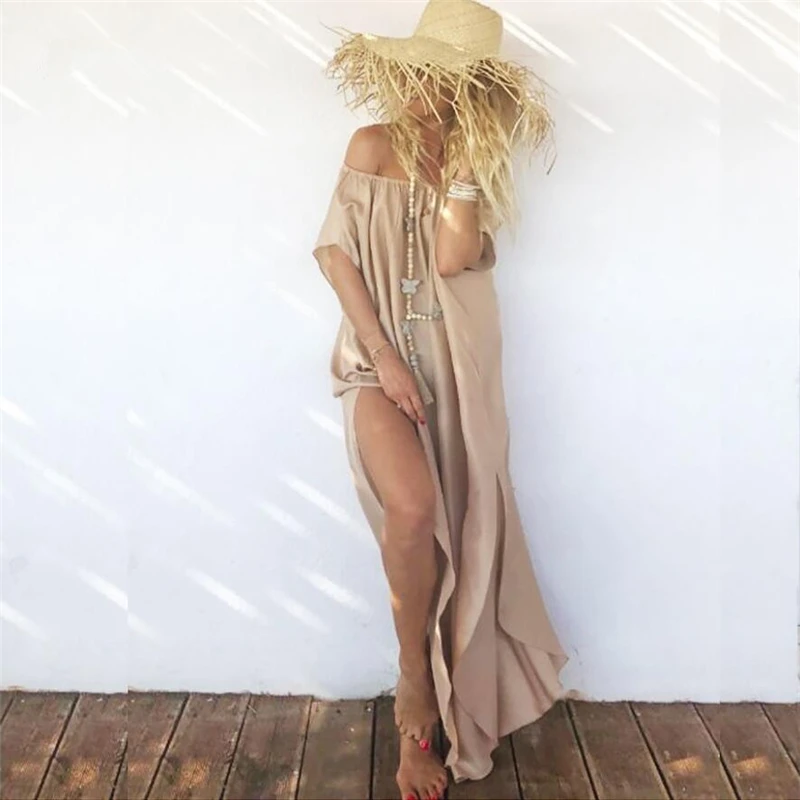 

2019 Summer floral beach cover up solid long tunic dress plus size women sexy bikini/swim coverup off shoulder dress femme