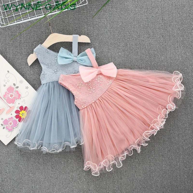 

Summer Baby Girls One Shoulder Lace Flower Princess Bow Christening Birthday Party Ball Gown Tutu Mesh Kids Dress vestidos