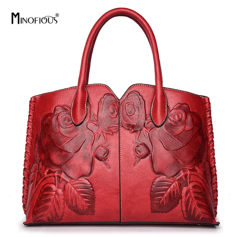 

MINOFIOUS Ladies Genuine Leather Bag For Women Green Luxury Handbag Female Embossed Messenger Bag Brand Shoulder Messager Totes