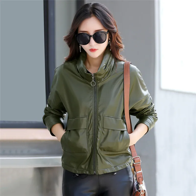 

2019 Spring Leather Jacket Fashion New Short Slim Slimming Collar Sheepskin Outerwear Solid Color Large Size Female Coat TTT147