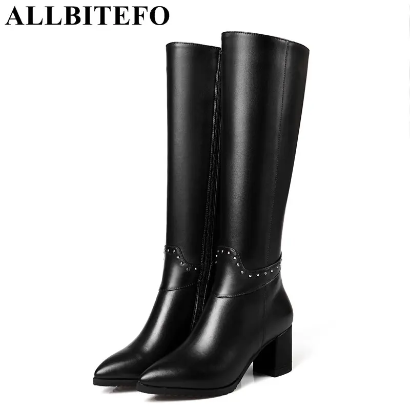 

ALLBITEFO genuine leather+pu thick heel women boots brand rivets medium heel women knee high boots winter snow boots size:33-43